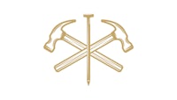 a gold logo with two hammers and a chisel